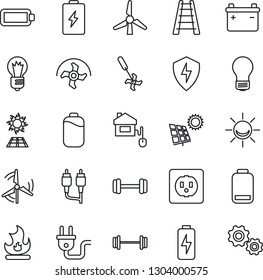 Thin Line Icon Set - bulb vector, ripper, ladder, fire, barbell, low battery, rca, protect, charge, sun panel, windmill, home control, socket, power plug, alarm led, gear