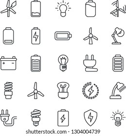 Thin Line Icon Set - bulb vector, battery, low, protect, charge, desk lamp, windmill, power plug, energy saving, idea