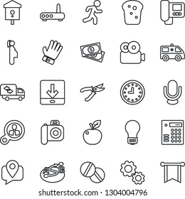 Thin Line Icon Set - bulb vector, pruner, glove, bird house, pills, ambulance car, run, pregnancy, cash, mobile tracking, clock, route, camera, microphone, download, video, moving, bread, router