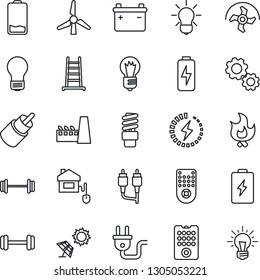 Thin Line Icon Set - bulb vector, ripper, ladder, fire, barbell, remote control, low battery, rca, charge, windmill, factory, home, power plug, energy saving, sun panel, gear, idea