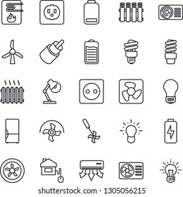 Thin Line Icon Set - bulb vector, ripper, battery, low, rca, charge, desk lamp, heater, air conditioner, fridge, home control, socket, fan, water, radiator, energy saving, windmill, idea