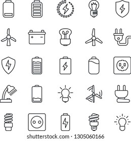 Thin Line Icon Set - bulb vector, battery, low, protect, charge, desk lamp, windmill, socket, power plug, energy saving, idea