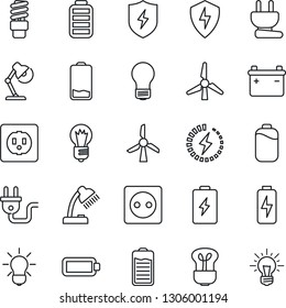 Thin Line Icon Set - bulb vector, battery, low, protect, charge, desk lamp, windmill, socket, power plug, energy saving, idea
