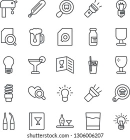 Thin Line Icon Set - bulb vector, thermometer, heart diagnostic, ampoule, fragile, search cargo, torch, document, water supply, estate, alcohol, wine card, drink, cocktail, phyto bar, beer, idea