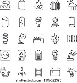 Thin Line Icon Set - bulb vector, factory, fire, battery, low, charge, desk lamp, sun panel, heater, eco house, socket, power plug, water, radiator, energy saving, windmill, idea