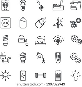 Thin Line Icon Set - bulb vector, factory, ripper, barbell, remote control, battery, rca, charge, sun panel, home, socket, power plug, energy saving, windmill, alarm led, gear, idea
