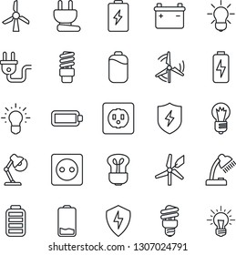 Thin Line Icon Set - bulb vector, battery, low, protect, charge, desk lamp, windmill, socket, power plug, energy saving, idea