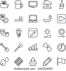 Thin Line Icon Set - bulb vector, job, document reload, pencil, farm fork, caterpillar, blood pressure, pills blister, broken bone, sorting, monitor, laptop pc, fast forward, themes, notes, folder