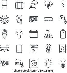 Thin Line Icon Set - bulb vector, ripper, low battery, rca, charge, desk lamp, heater, air conditioner, fridge, home control, socket, fan, water, warm floor, energy saving, idea
