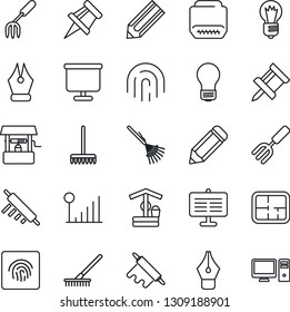Thin Line Icon Set - bulb vector, pencil, garden fork, rake, well, hdmi, fingerprint id, cellular signal, presentation board, drawing pin, ink pen, plan, rolling, pc
