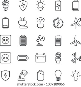Thin Line Icon Set - bulb vector, battery, low, protect, charge, desk lamp, windmill, socket, power plug, energy saving, idea