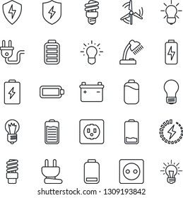 Thin Line Icon Set - bulb vector, battery, low, protect, charge, desk lamp, windmill, socket, power plug, energy saving, idea