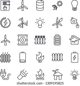 Thin Line Icon Set - bulb vector, fire, oil barrel, battery, low, torch, charge, windmill, heater, home control, eco house, power plug, water, radiator, sun panel, idea