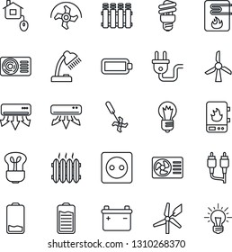 Thin Line Icon Set - bulb vector, ripper, battery, low, rca, desk lamp, heater, air conditioner, home control, socket, power plug, water, radiator, energy saving, windmill, idea
