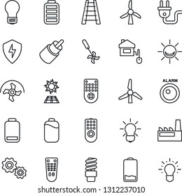 Thin Line Icon Set - bulb vector, ripper, ladder, remote control, battery, low, rca, protect, windmill, factory, home, power plug, energy saving, sun panel, alarm led, gear, idea