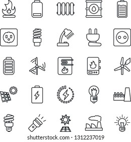 Thin Line Icon Set - bulb vector, factory, fire, oil barrel, battery, low, torch, charge, desk lamp, sun panel, windmill, socket, power plug, water heater, radiator, energy saving, idea