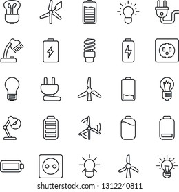 Thin Line Icon Set - bulb vector, battery, low, charge, desk lamp, windmill, socket, power plug, energy saving, idea