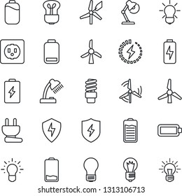 Thin Line Icon Set - bulb vector, battery, low, protect, charge, desk lamp, windmill, socket, power plug, energy saving, idea