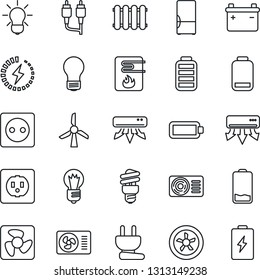 Thin Line Icon Set - bulb vector, battery, low, rca, charge, air conditioner, fridge, socket, power plug, fan, water heater, radiator, energy saving, windmill