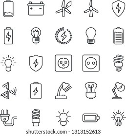 Thin Line Icon Set - bulb vector, battery, low, protect, charge, desk lamp, windmill, socket, power plug, energy saving, idea