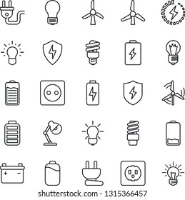 Thin Line Icon Set - bulb vector, battery, low, protect, charge, desk lamp, windmill, socket, power plug, energy saving, idea