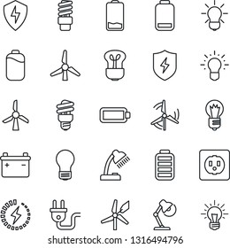 Thin Line Icon Set - bulb vector, battery, low, protect, charge, desk lamp, windmill, socket, power plug, energy saving, idea