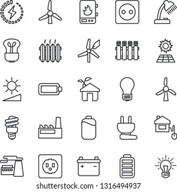 Thin Line Icon Set - bulb vector, factory, battery, brightness, charge, desk lamp, sun panel, windmill, heater, home control, eco house, socket, power plug, water, radiator, energy saving, idea
