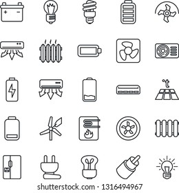 Thin Line Icon Set - bulb vector, ripper, battery, low, rca, charge, heater, air conditioner, fridge, power plug, fan, water, radiator, warm floor, energy saving, windmill, idea