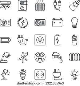 Thin Line Icon Set - bulb vector, rca, battery, charge, desk lamp, heater, air conditioner, home control, socket, power plug, fan, water, radiator, energy saving, windmill, idea