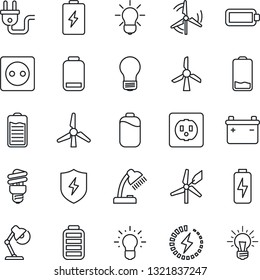 Thin Line Icon Set - bulb vector, battery, low, protect, charge, desk lamp, windmill, socket, power plug, energy saving, idea