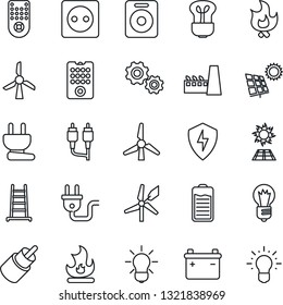 Thin Line Icon Set - bulb vector, ladder, fire, remote control, speaker, battery, rca, protect, sun panel, windmill, factory, socket, power plug, gear, idea