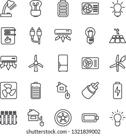 Thin Line Icon Set - bulb vector, battery, rca, charge, desk lamp, air conditioner, fridge, home control, fan, water heater, radiator, warm floor, windmill, idea