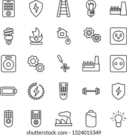 Thin Line Icon Set - bulb vector, factory, ladder, fire, ripper, barbell, remote control, speaker, protect, battery, charge, home, socket, energy saving, gear, idea