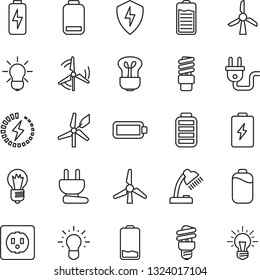 Thin Line Icon Set - bulb vector, battery, low, protect, charge, desk lamp, windmill, socket, power plug, energy saving, idea