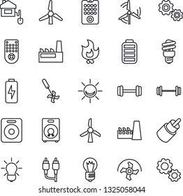 Thin Line Icon Set - bulb vector, ripper, fire, barbell, remote control, speaker, battery, rca, charge, windmill, factory, home, energy saving, alarm led, gear