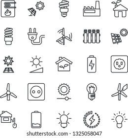 Thin Line Icon Set - bulb vector, low battery, brightness, charge, sun panel, windmill, factory, home control, eco house, socket, power plug, water heater, radiator, energy saving, idea
