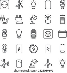 Thin Line Icon Set - bulb vector, battery, low, charge, desk lamp, windmill, socket, power plug, energy saving, idea