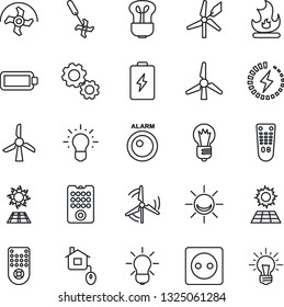 Thin Line Icon Set - bulb vector, ripper, fire, remote control, battery, charge, sun panel, windmill, home, socket, alarm led, gear, idea