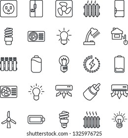 Thin Line Icon Set - bulb vector, low battery, rca, charge, desk lamp, heater, air conditioner, fridge, home control, socket, fan, radiator, energy saving, windmill, idea