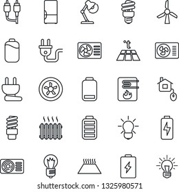 Thin Line Icon Set - bulb vector, battery, low, rca, charge, desk lamp, heater, air conditioner, fridge, home control, power plug, fan, water, warm floor, energy saving, windmill, idea
