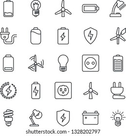 Thin Line Icon Set - bulb vector, battery, low, protect, charge, desk lamp, windmill, socket, power plug, energy saving, idea