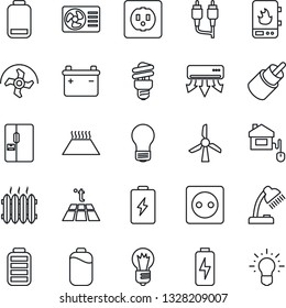 Thin Line Icon Set - bulb vector, ripper, battery, low, rca, charge, desk lamp, heater, fridge, home control, socket, water, air conditioner, warm floor, energy saving, windmill, idea