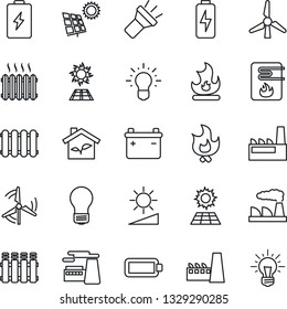 Thin Line Icon Set - bulb vector, factory, fire, torch, brightness, battery, charge, sun panel, windmill, heater, eco house, water, radiator, idea