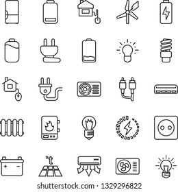 Thin Line Icon Set - bulb vector, low battery, rca, charge, air conditioner, fridge, home control, socket, power plug, water heater, radiator, warm floor, energy saving, windmill, idea
