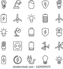 Thin Line Icon Set - bulb vector, battery, low, protect, charge, desk lamp, windmill, socket, power plug, energy saving, idea