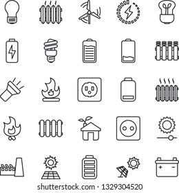 Thin Line Icon Set - bulb vector, fire, battery, low, torch, brightness, charge, sun panel, windmill, heater, factory, eco house, socket, radiator, energy saving