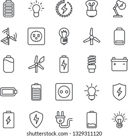 Thin Line Icon Set - bulb vector, battery, low, protect, charge, desk lamp, windmill, socket, power plug, energy saving, idea