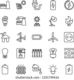 Thin Line Icon Set - bulb vector, factory, fire, oil barrel, battery, charge, desk lamp, sun panel, windmill, heater, home control, eco house, socket, power plug, water, radiator, energy saving