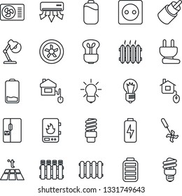 Thin Line Icon Set - bulb vector, ripper, battery, low, rca, charge, desk lamp, heater, air conditioner, fridge, home control, socket, power plug, fan, water, radiator, warm floor, energy saving