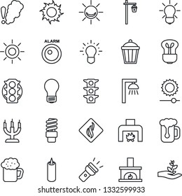 Thin Line Icon Set - bulb vector, sun, garden light, traffic, torch, brightness, fireplace, beer, candle, smoke detector, energy saving, outdoor lamp, alarm led, idea, palm sproute